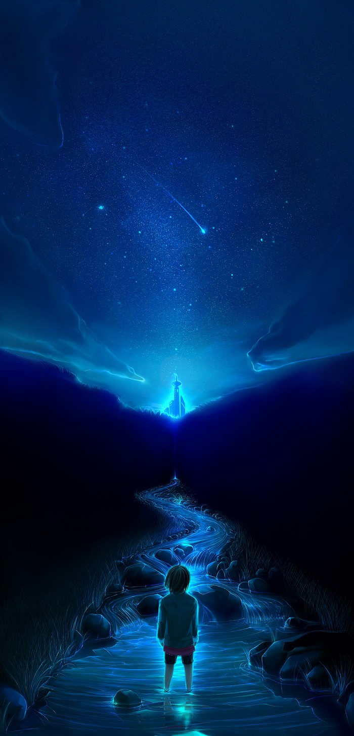 Child standing in glowing river under starry sky with shooting star