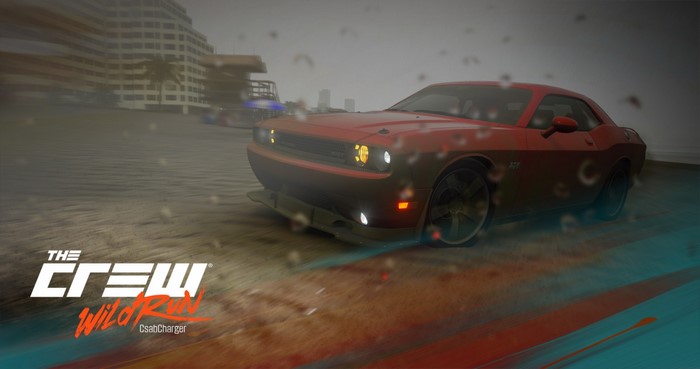 Dodge Challenger from The Crew Wild Run on a rainy street