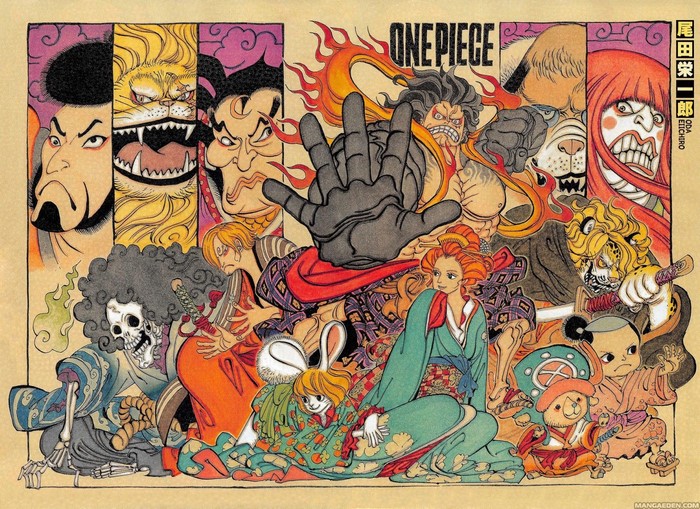 One Piece characters in traditional Japanese art style