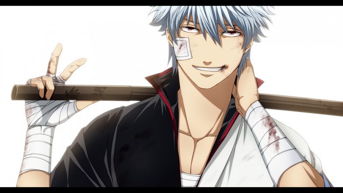 Sakata Gintoki from Gintama holding a wooden sword