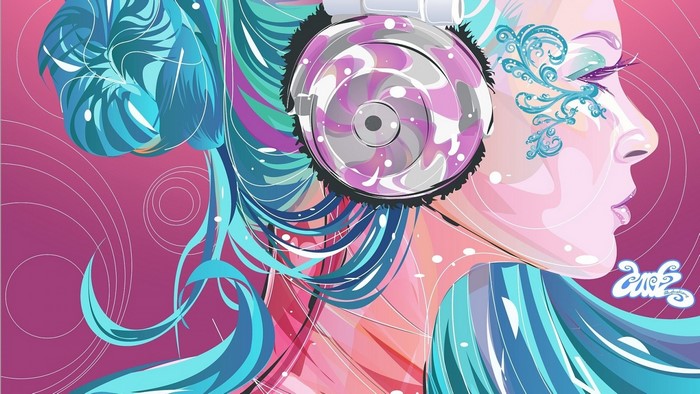 Illustration of a woman with headphones and colorful hair