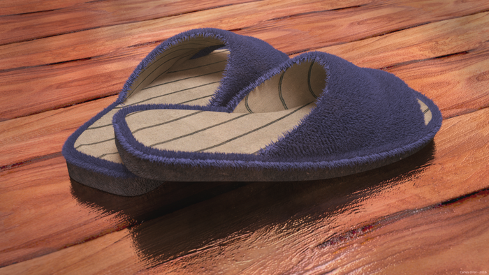 Blue fuzzy slippers on a wooden floor
