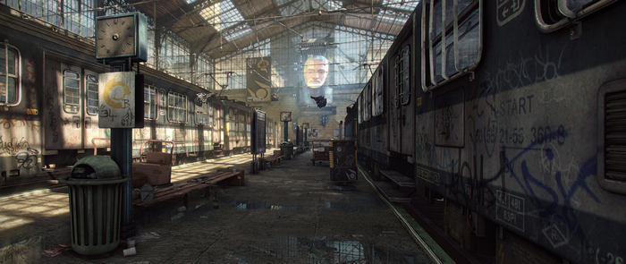 Train station interior with graffiti and a projected face