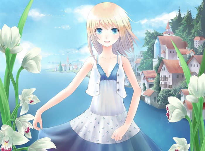 Anime girl in a white dress with flowers and a town