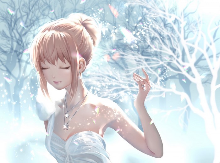 Anime girl with short hair in a white dress
