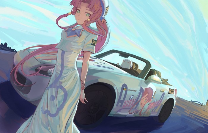 Anime girl with pink hair and a convertible car