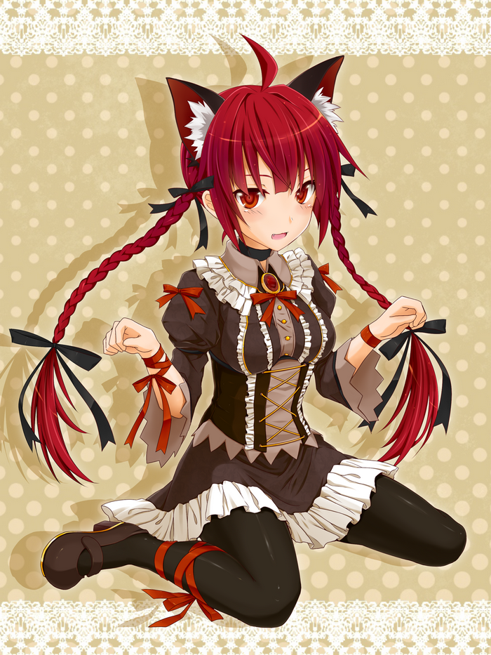 Redhead anime girl with cat ears and pigtails