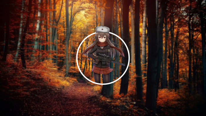 Anime girl with rifle in autumn forest