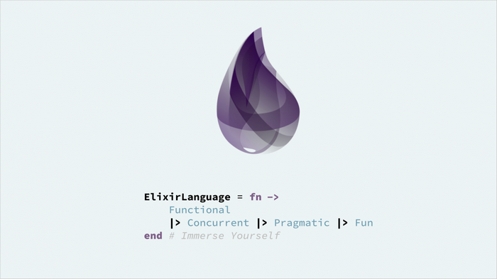Elixir Language code with purple drop logo