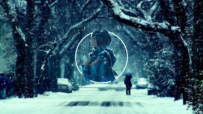 Anime girl in a snowy urban street
