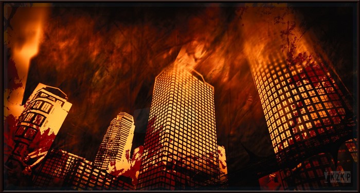 Burning city skyscrapers at night