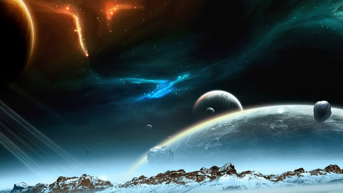 Digital art of planets and nebulae in space