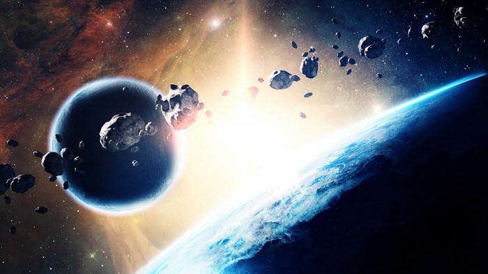 Asteroids near Earth and a blue planet