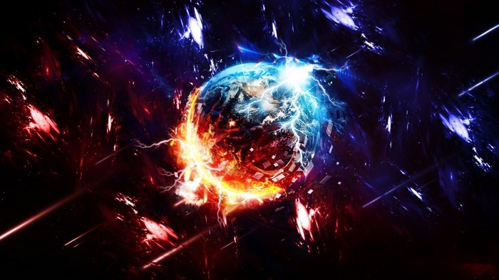 Planet Earth exploding with fire and lightning in space
