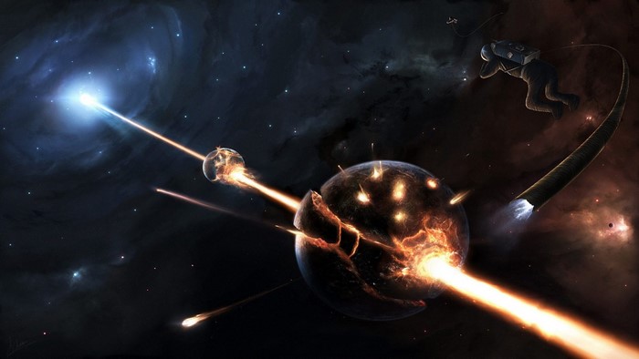 Astronaut watches planets explode in space