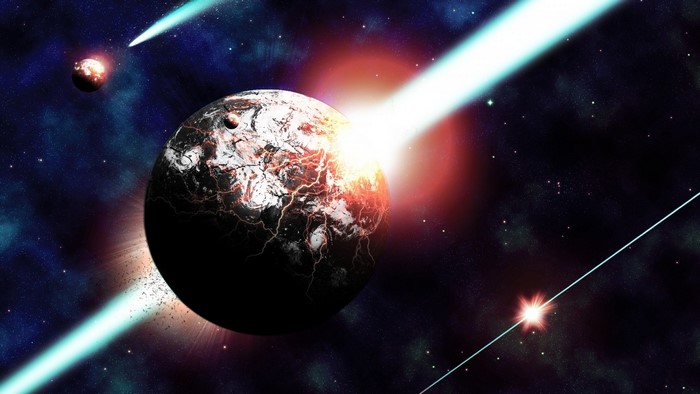 Apocalyptic planet in space with comet and nebula
