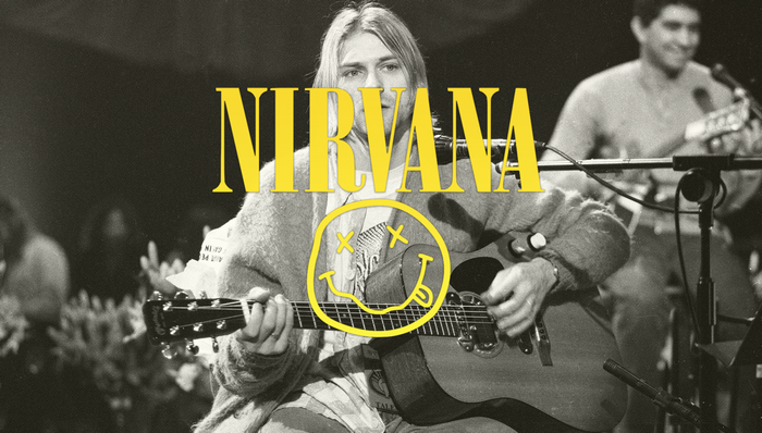 Nirvana band with Kurt Cobain and smiley face logo
