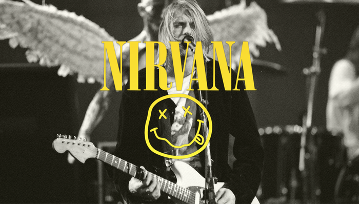 Nirvana band logo and Kurt Cobain performing