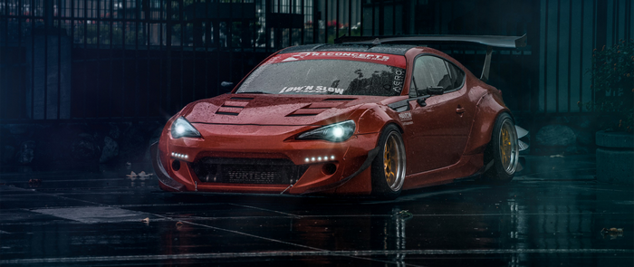 Red widebody sports car with large rear wing