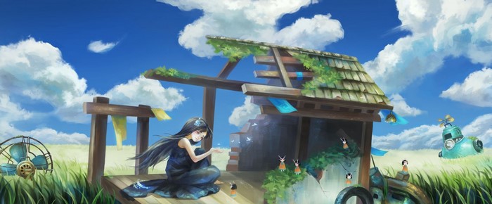 Anime girl in ruined structure with robots and fan