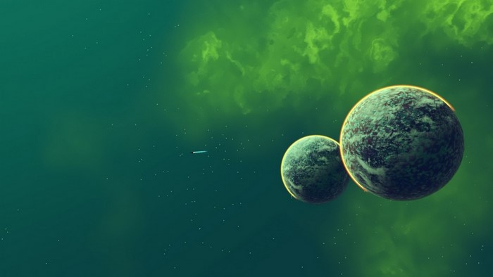 Two planets and a spaceship in a green nebula
