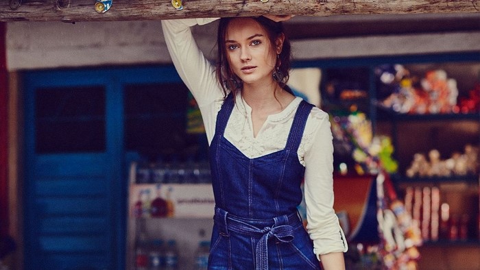 Monika Jagaciak wearing a denim dress and white top