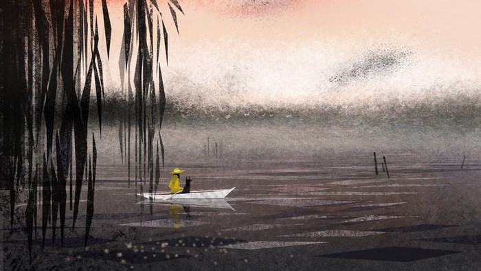 Man and dog in a boat on a misty lake