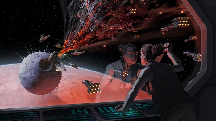 Artwork of Star Wars battle with Death Star exploding