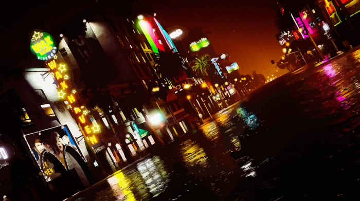 Neon cityscape at night with wet streets
