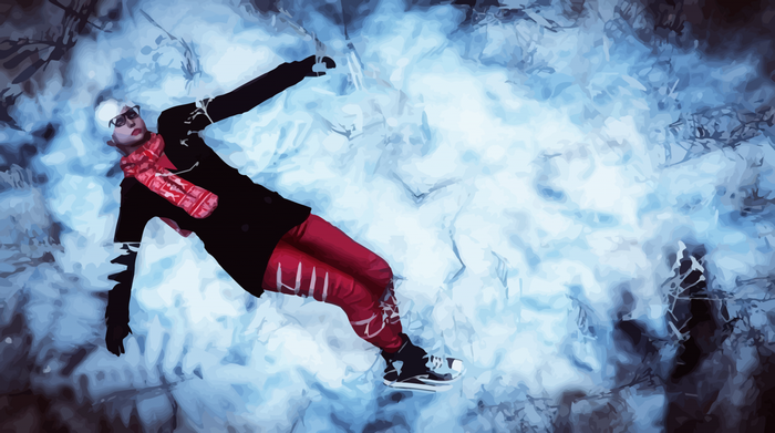 Person in winter clothing lying on ice