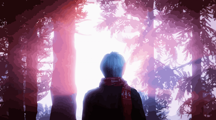 Person in a scarf looking at sunlight through trees