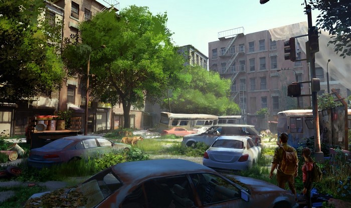 The Last of Us characters in an overgrown city street