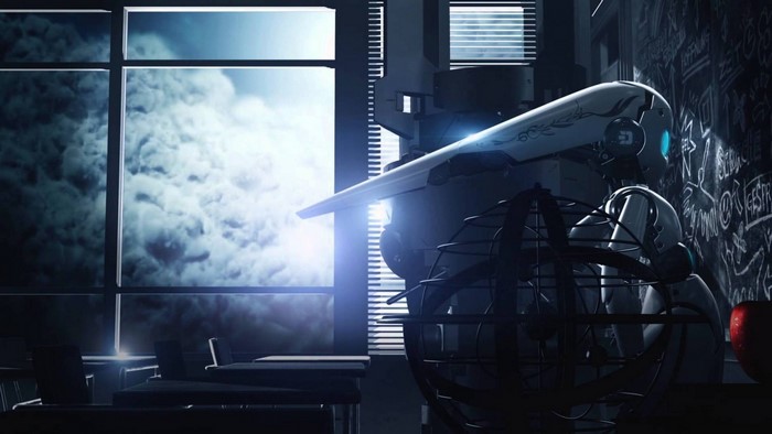 Robot in a classroom with stormy clouds outside