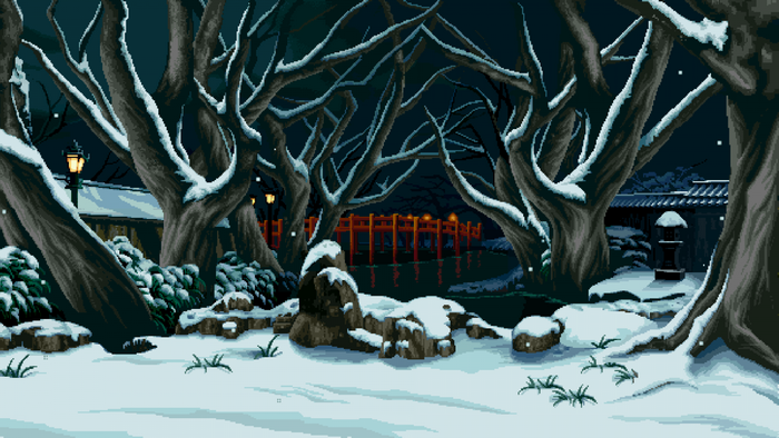 Pixel art winter landscape with snow-covered trees and a bridge