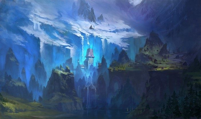 Fantasy castle in a glacial landscape with waterfalls