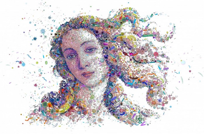 Portrait of a woman made of colorful objects