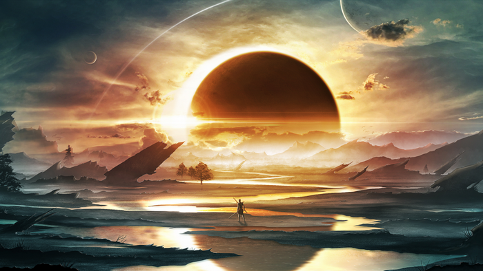 Sci-fi landscape with eclipse and lone figure