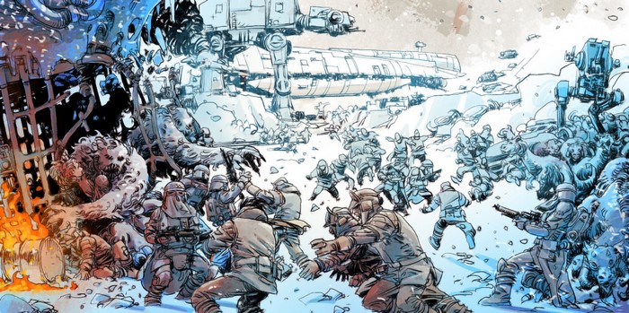 Star Wars battle scene with AT-AT walkers and creatures