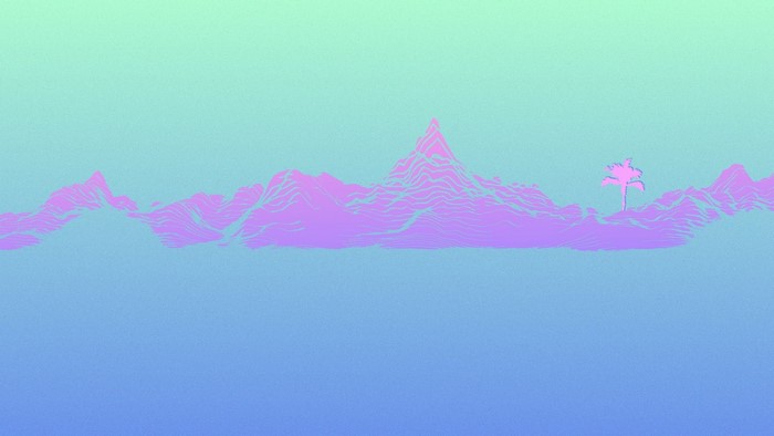Neon mountain range with a palm tree