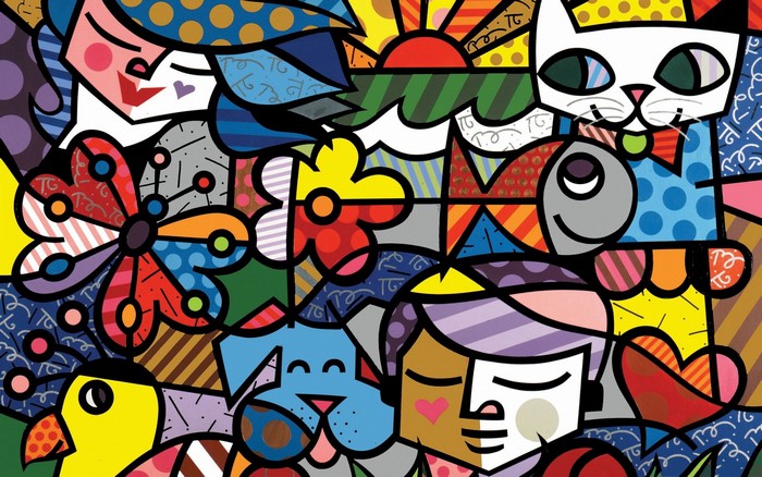 Colorful painting with animals and people