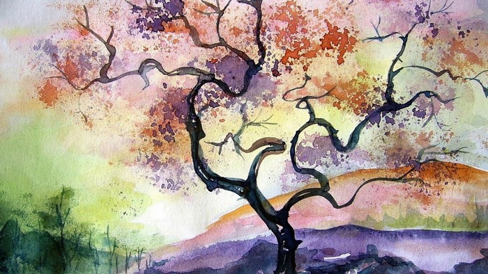 Colorful Watercolor Cherry Blossom Tree Landscape