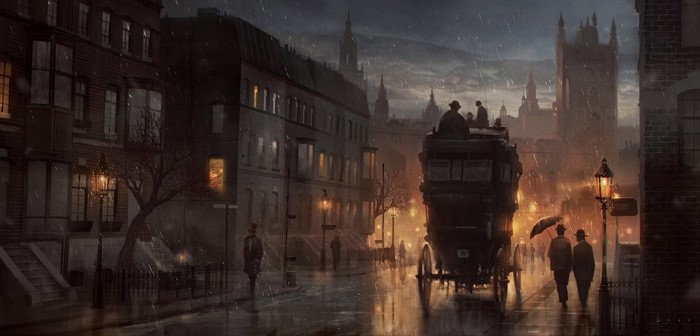 Victorian street scene at night in the rain