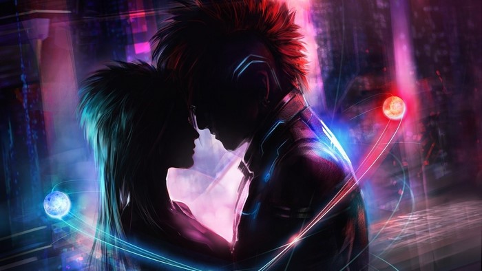 Couple in futuristic city with planets