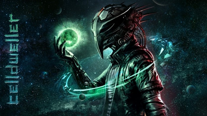 Celldweller character holding a glowing green orb in space