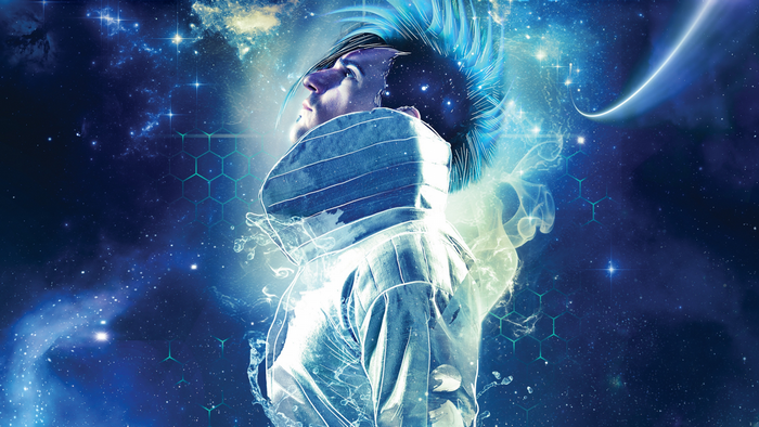 Klayton in space with blue mohawk and jacket