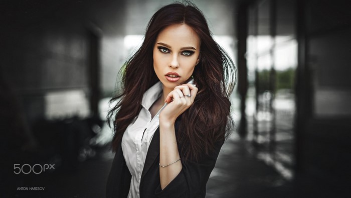 Portrait of a woman with long brown hair