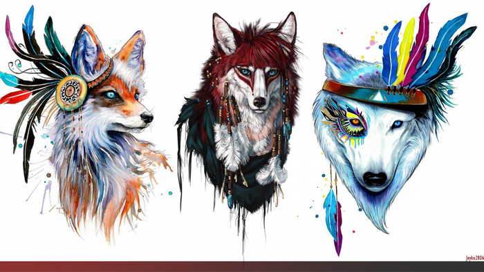Tribal wolf and fox illustrations with feathers
