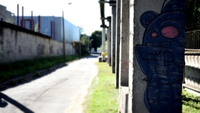 Graffiti on concrete pillars along an urban alley