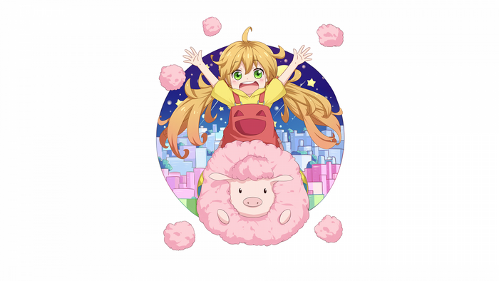 Tsumugi Inuzuka riding a pink sheep with cotton candy