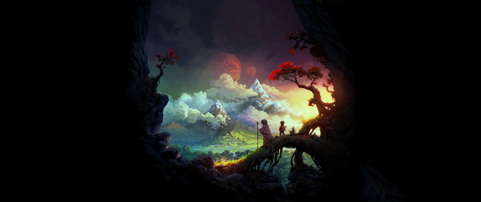 Fantasy landscape with two figures on a bridge